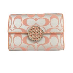 NWT COACH Alexandra Khaki/Peach Signature Big C Logo Silver Snap Front Wallet